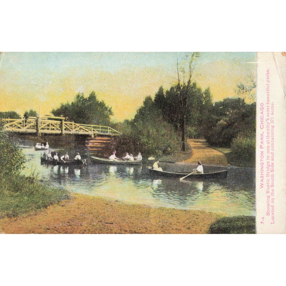 Vintage Washington Park Chicago Postcard Rustic Bridge Rowboats Litho 7-A - Picture 1 of 2
